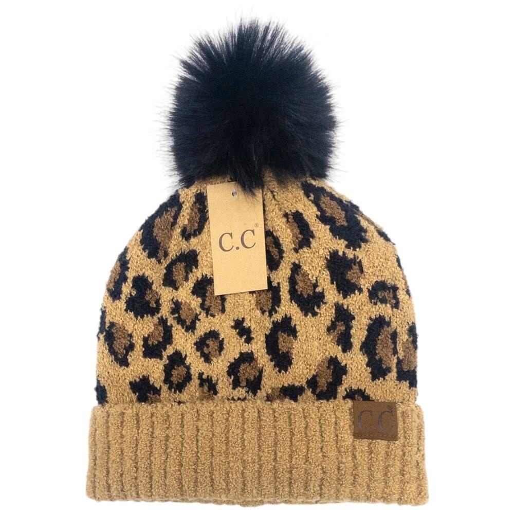 C.C Leopard Beanie  Winter Hat Women's Tan Black Brown Animal Print